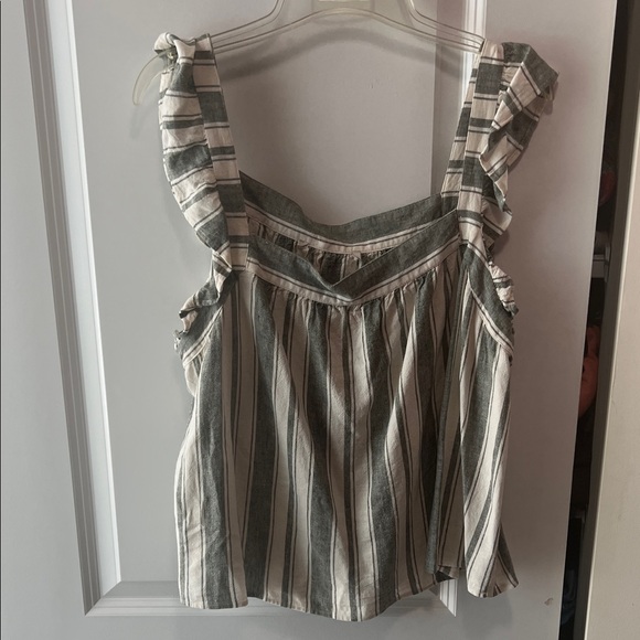 LOFT Green and White Striped Ruffle Tank Top - Picture 1 of 1